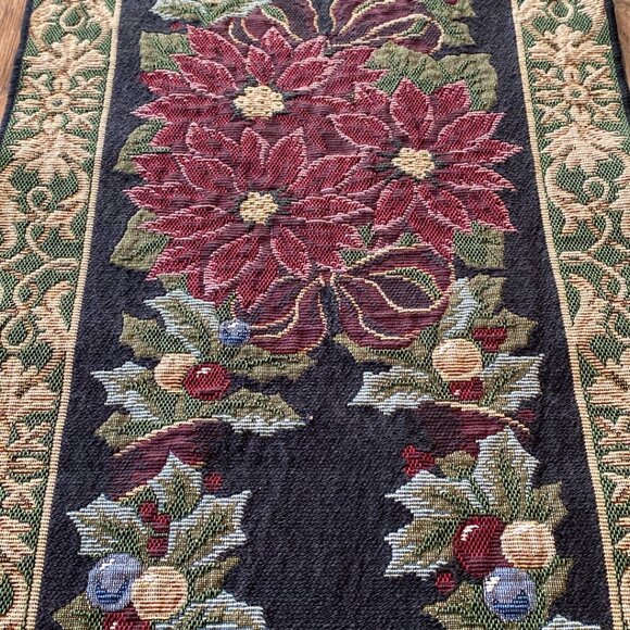 Vintage Tapestry Style Table Runner w/Burgundy Poinsettias & Holly Berri… - Picture 4 of 13